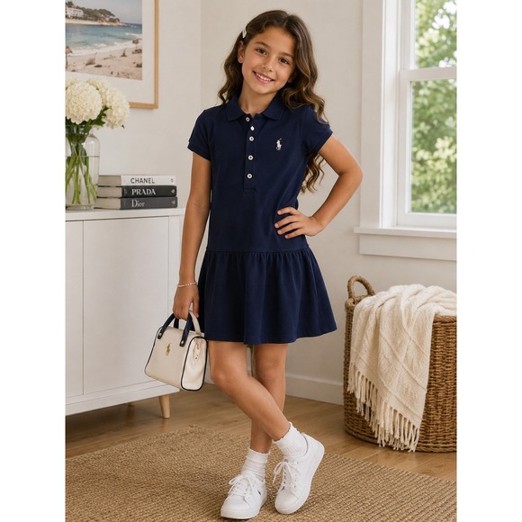 Polo Ralph Lauren Other - Polo Ralph Lauren Dress 7 Navy Blue Short Sleeve Pique Drop Waist Preppy Classic
